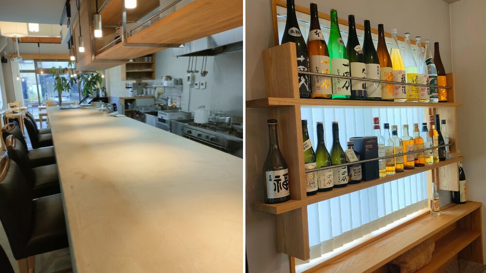 店内の座席とお酒のディスプレイ