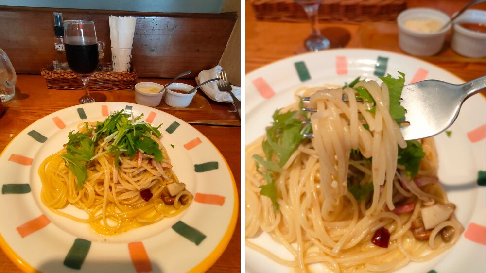 ベーコンときの子と水菜のペペロンチーノ