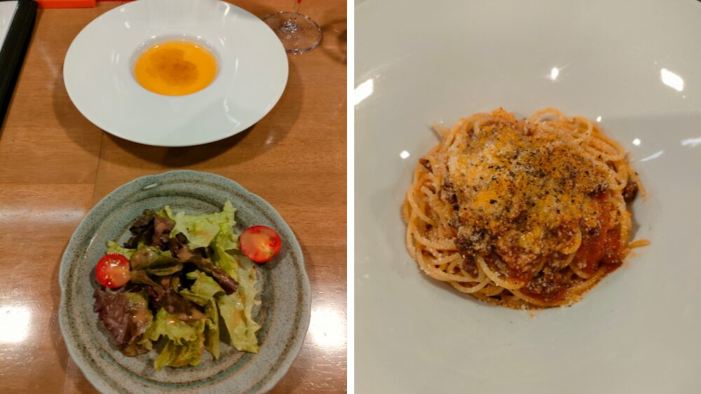 ランチのサラダ、スープとパスタ