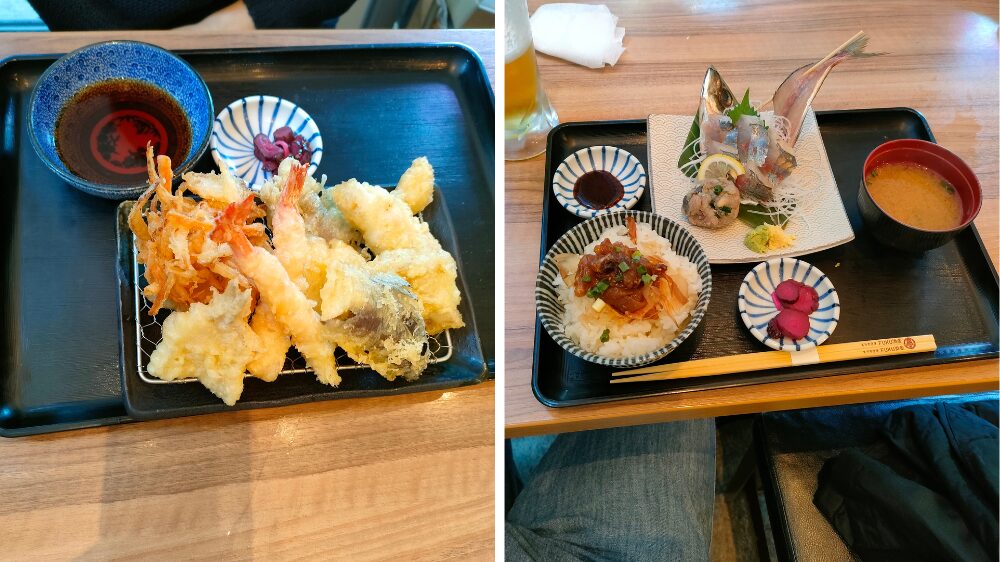 日替わり鮮魚の天ぷら物語と天然アジ姿造りとかつお漬け丼定食