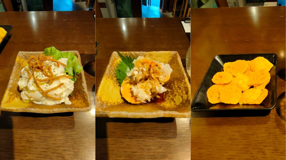 ポテトサラダ、あん肝ポン酢、パリパリ焼きチーズ