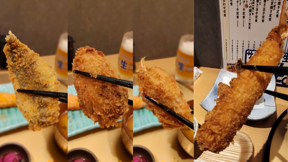 アジフライ（半身）、カキフライ、カニクリームコロッケ、海老フライ