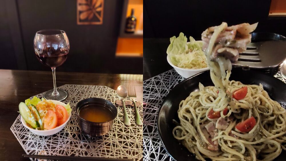 パスタセットのサラダ、スープとジェノベーゼ