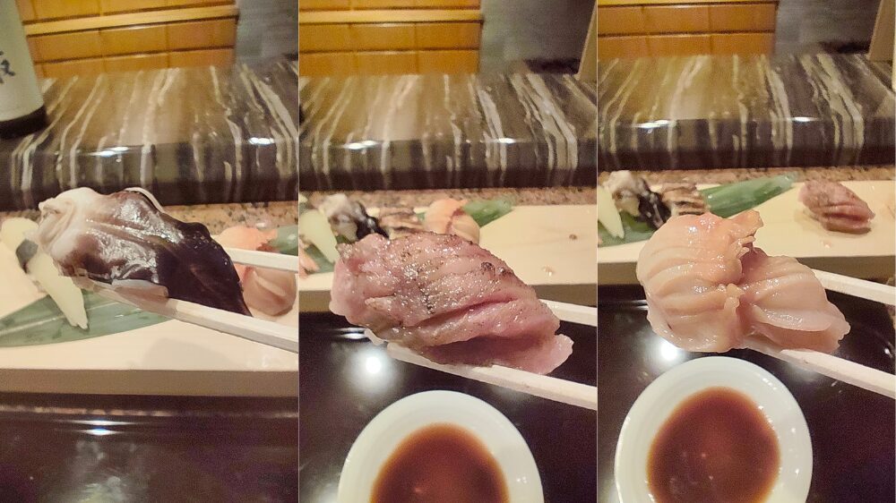 なぎさ寿司のおまかせ握りの中の鳥貝、牛肉、赤貝