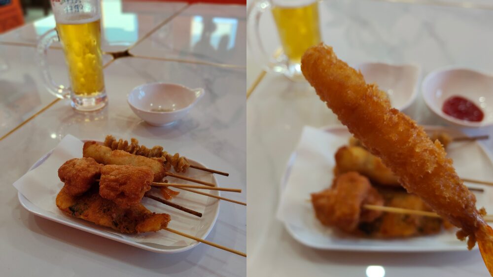 桜屋麻辣湯の串揚げ6本とビールがセットになったコースA