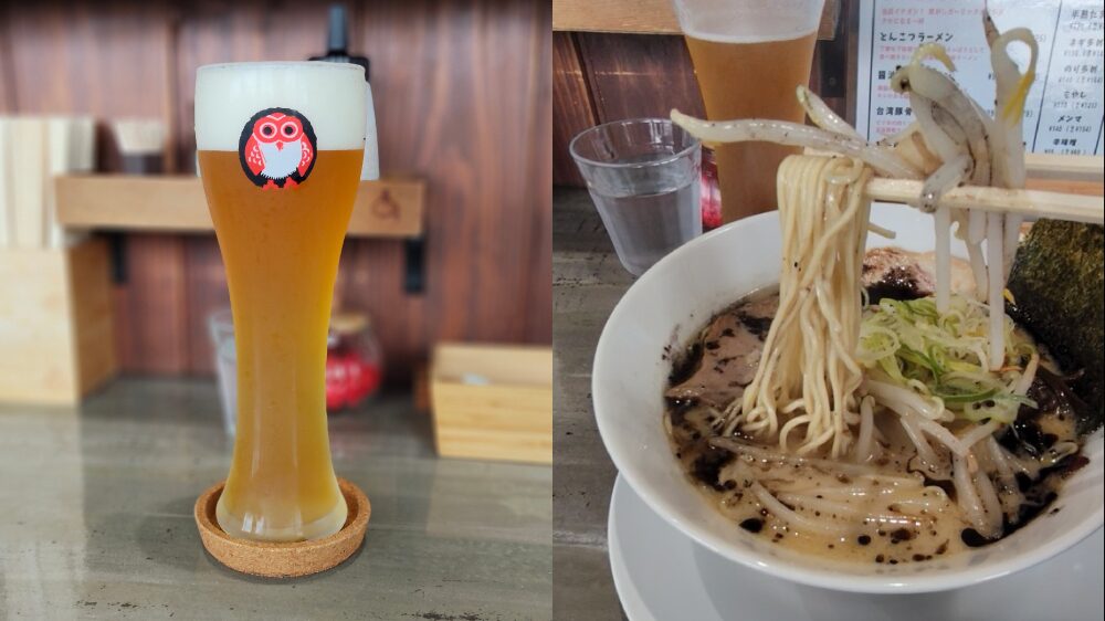 細麵屋くわとろのクラフトビールと黒マー油豚骨ラーメン