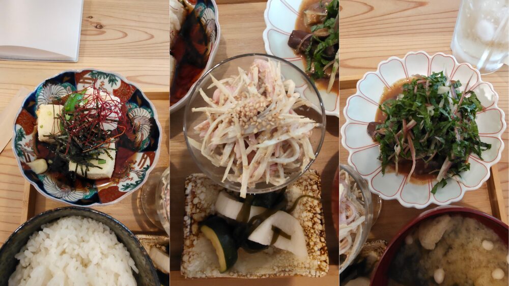 気まぐれ定食の揚げ出し豆腐、ハムと牛蒡のマヨネーズ和え、ナスの味噌煮