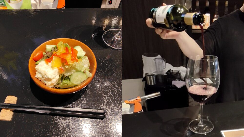 ランチのサラダと赤ワイン