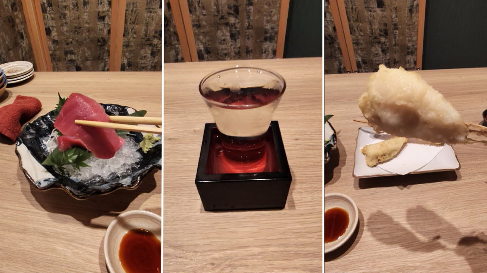 本マグロの刺身、日本酒、キスの天ぷら