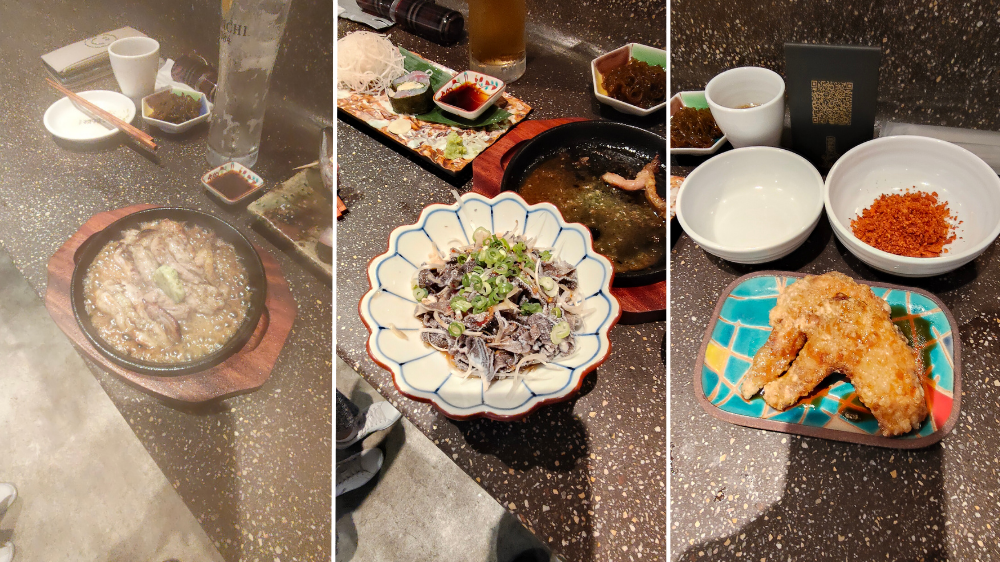 せせりのガリバタ焼き、台湾センマイ刺し、本気の手羽揚げ（激辛ホット）