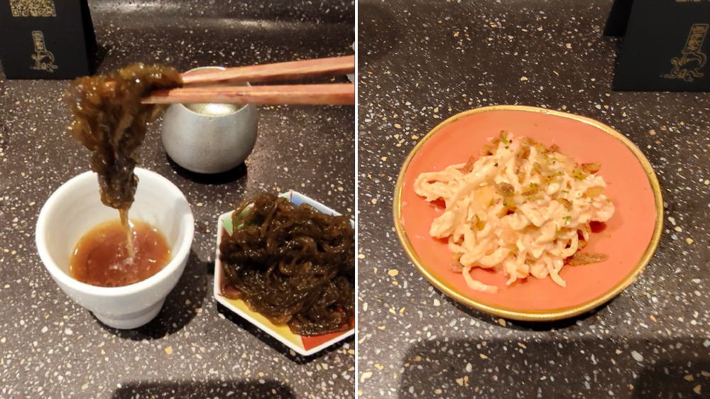 お通しの出汁に浸けて食べるもずくと明太ポリポリ